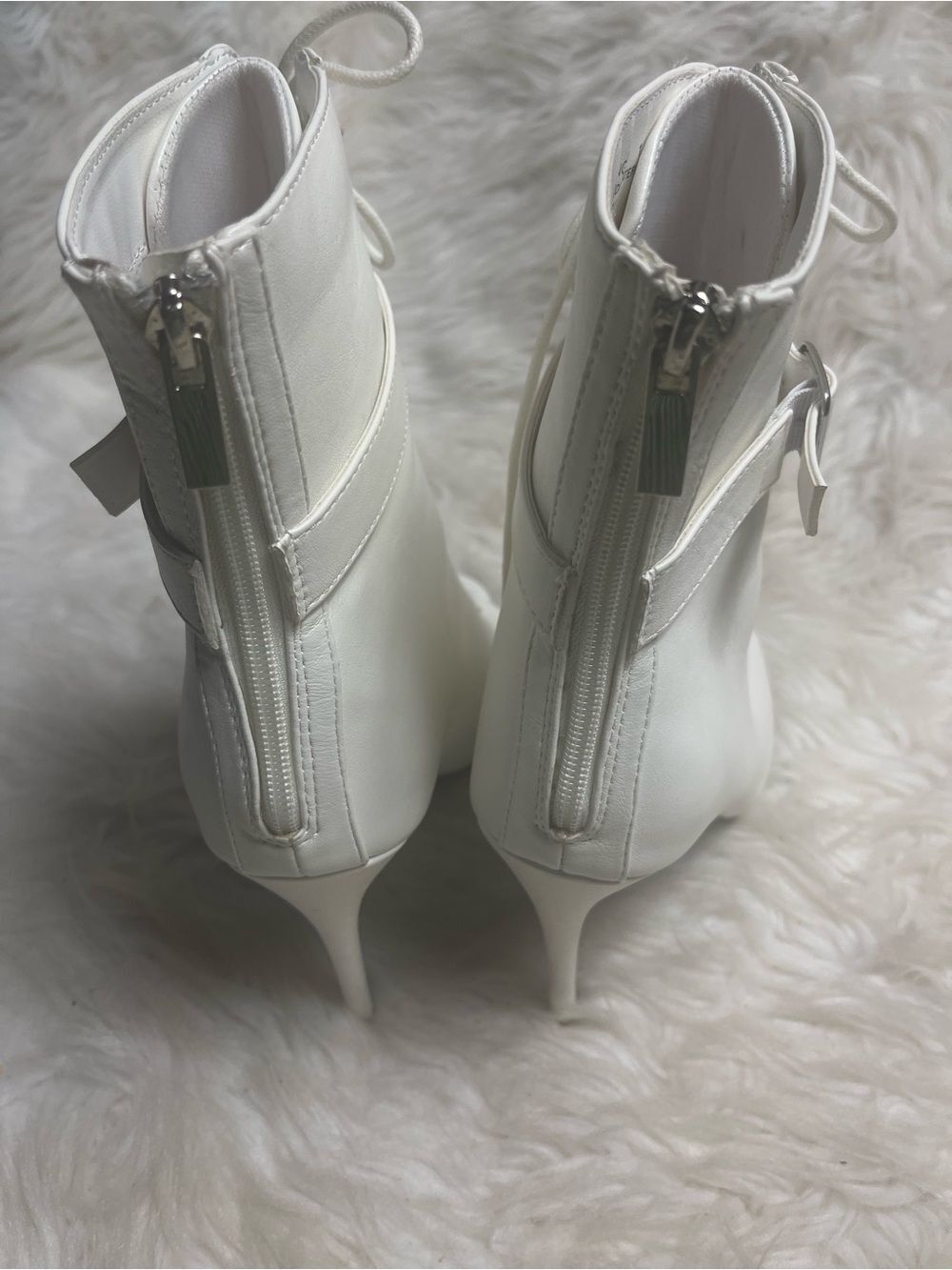 Anne Michelle White Lace-Up Peep-Toe Ankle Boots Buckle accent back zipper SZ11 - Picture 6 of 10